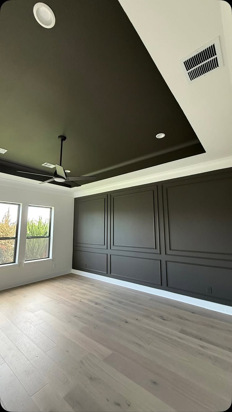 Dark charcoal painted ceiling and matching paneled accent wall in a modern room.