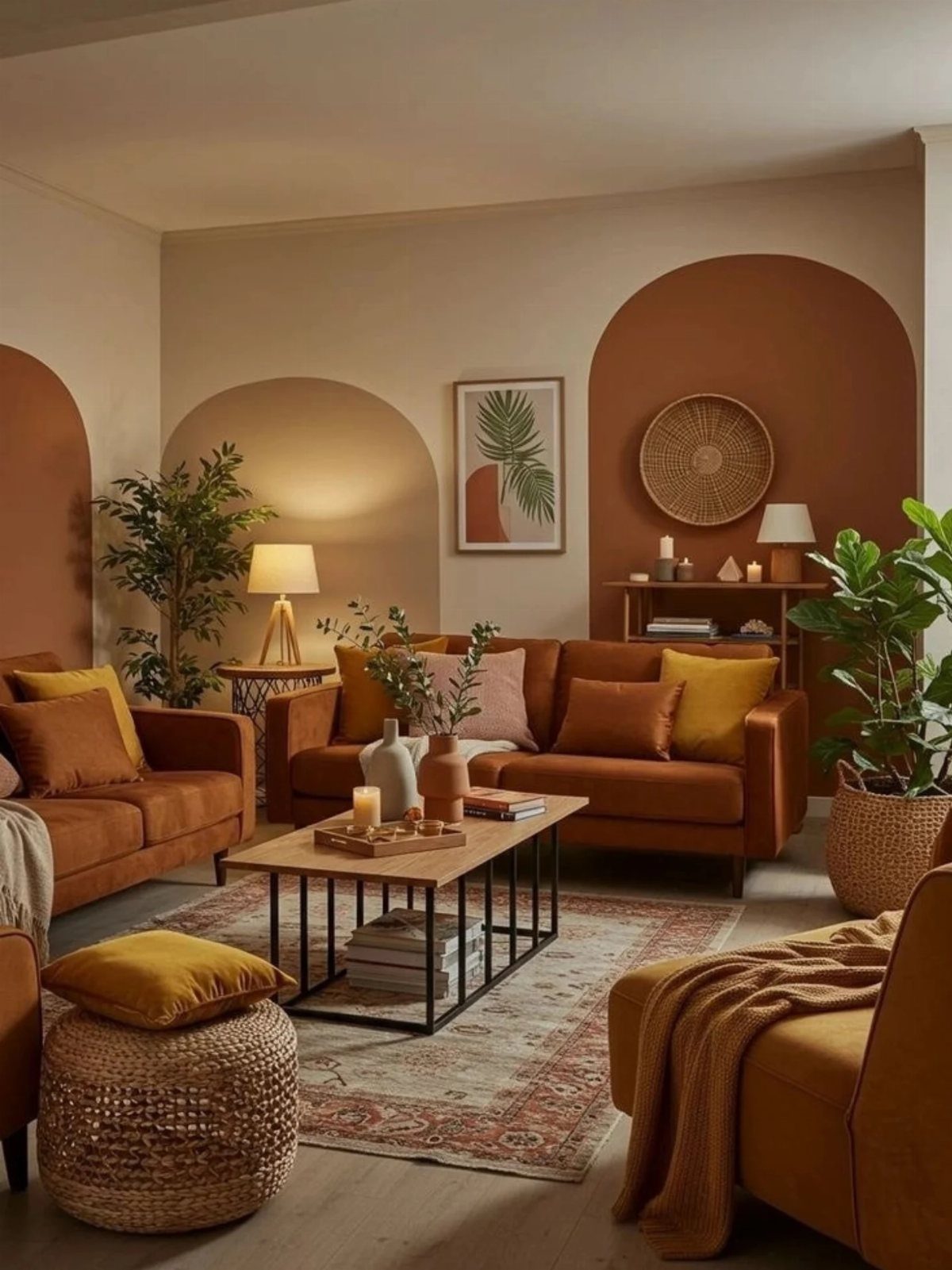 Terracotta arched accent wall behind a brown sofa in a warm living room.