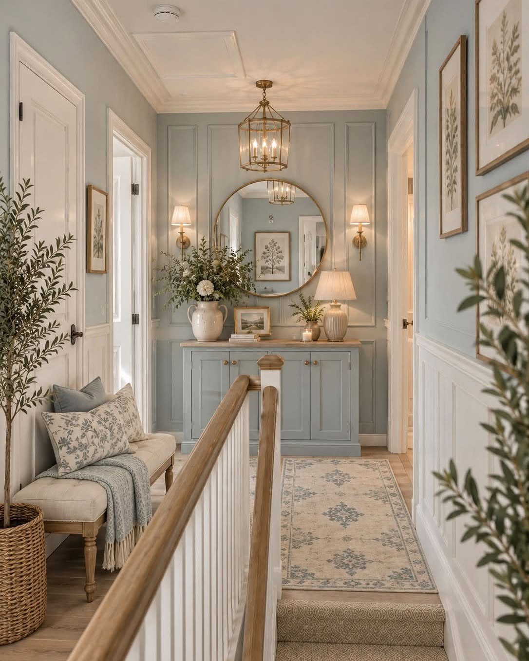 Light blue hallway featuring white board and batten wall paneling and a round mirror.