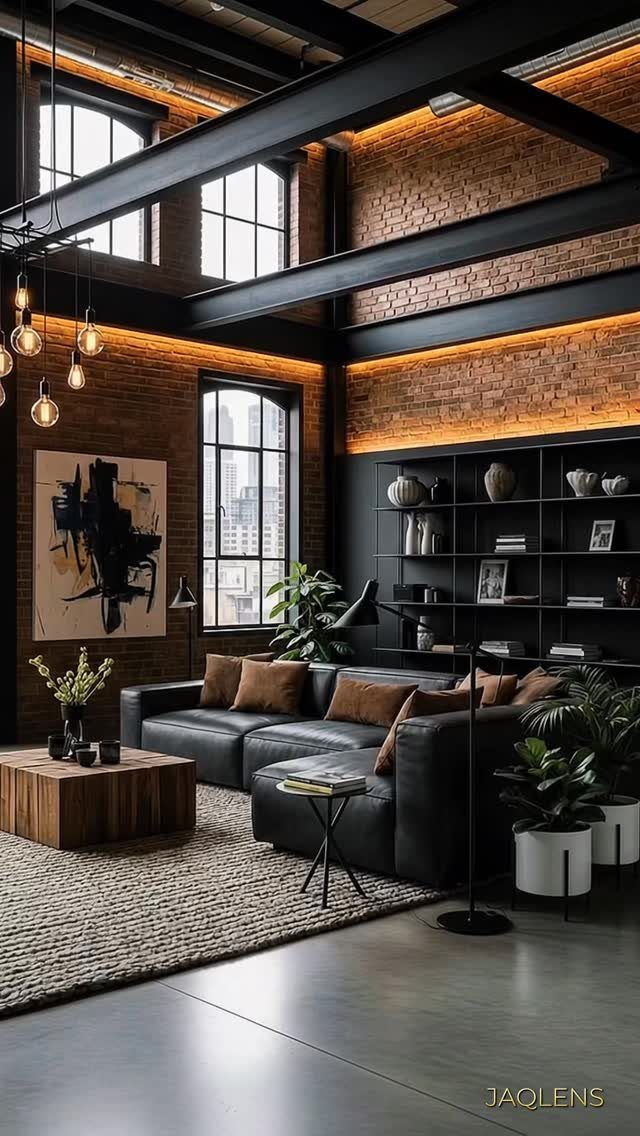 Industrial living room featuring a red brick accent wall and black steel beams.