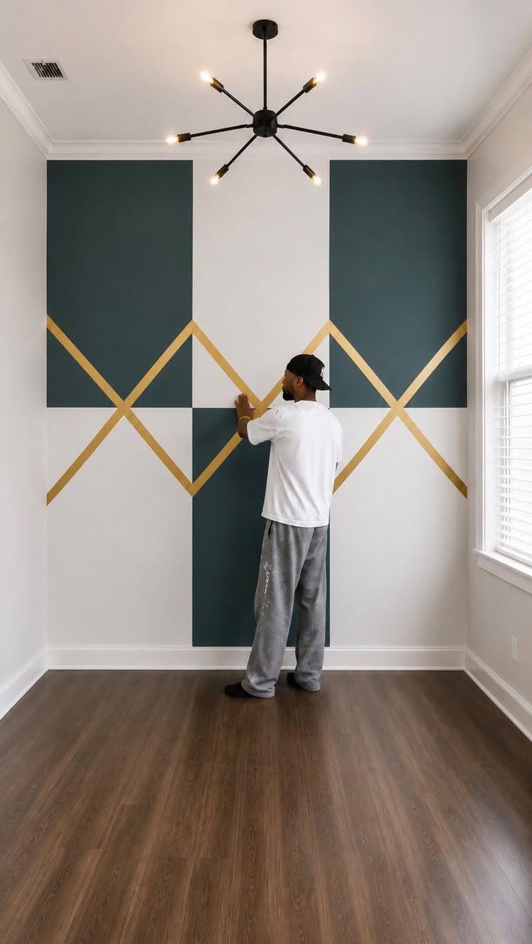 A man painting a large teal and gold geometric pattern on a white wall.