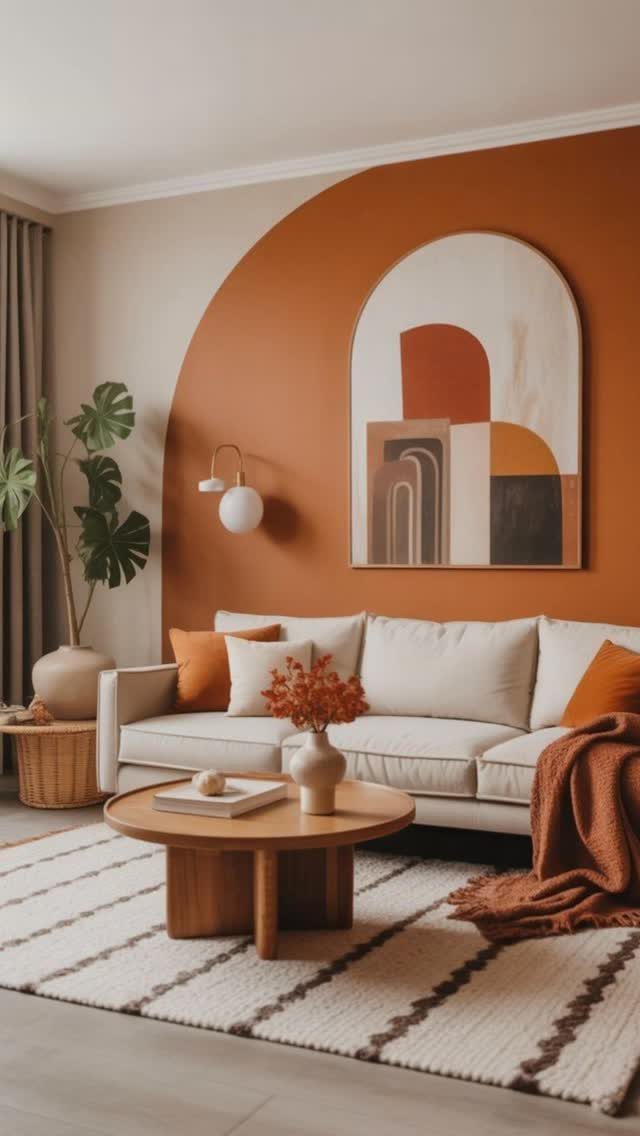Terracotta painted arch on a living room wall behind a cream sofa and wooden coffee table.