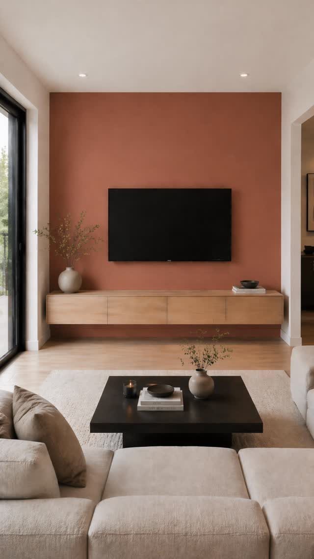 Terracotta colored accent wall with a television and wooden floating console in a living room.