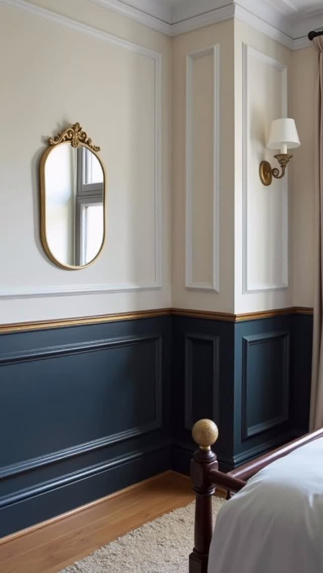 Cream upper wall panels and dark navy blue wainscoting in a bedroom corner with a gold mirror.