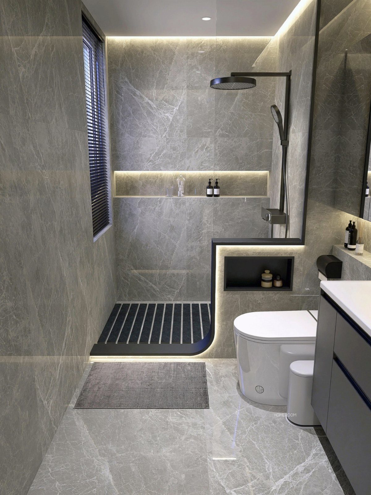 14 Bathroom Small Space Storage Ideas That Actually Fit 3 Modern grey marble bathroom with built-in lighted storage niches and a white toilet.