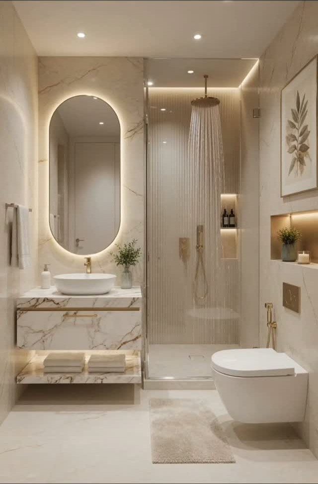 14 Bathroom Small Space Storage Ideas That Actually Fit 8 Modern marble bathroom featuring a white vessel sink, floating vanity, and a sleek white toilet.