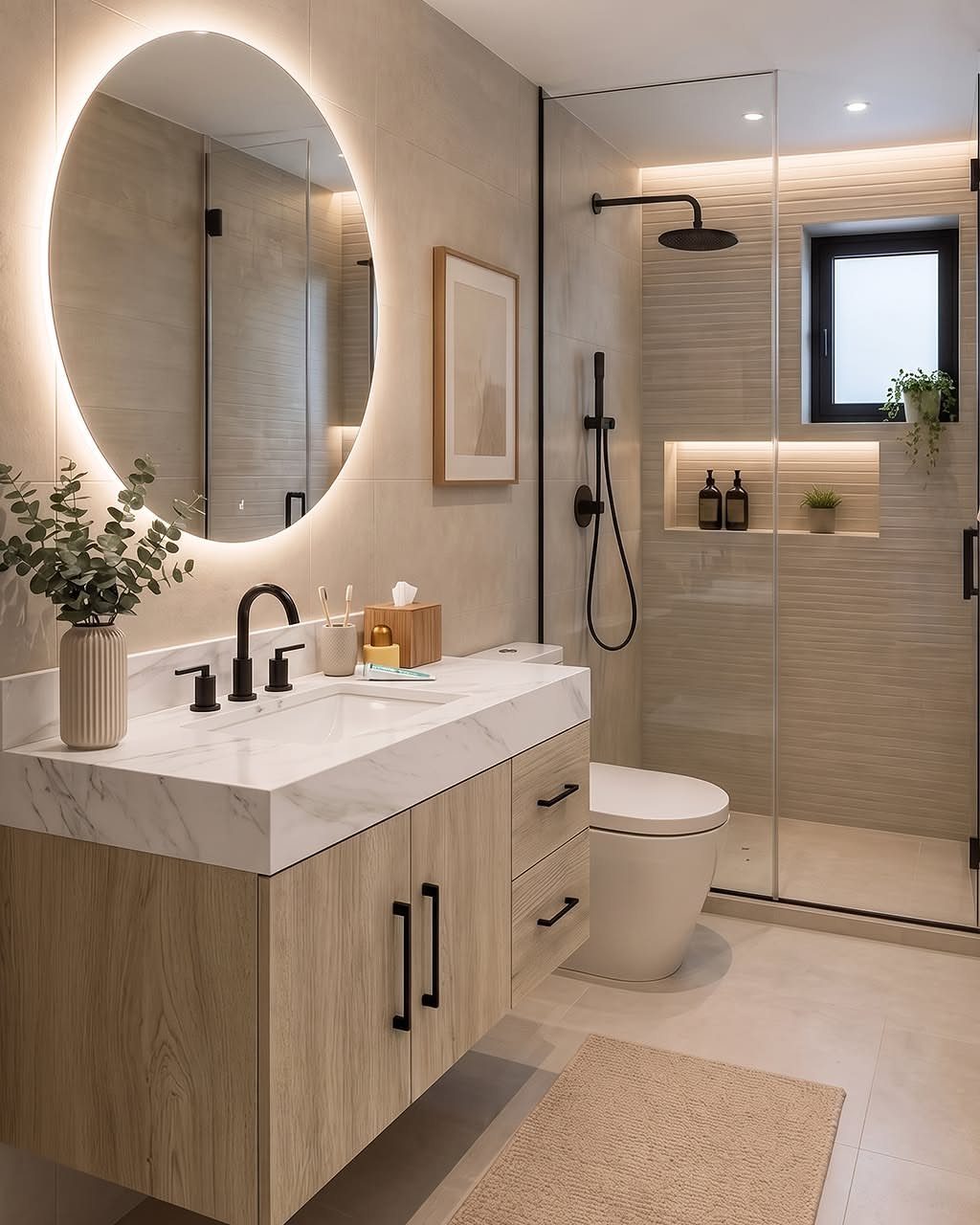 14 Bathroom Small Space Storage Ideas That Actually Fit 9 A light wood floating vanity with a marble countertop and backlit oval mirror in a modern bathroom.