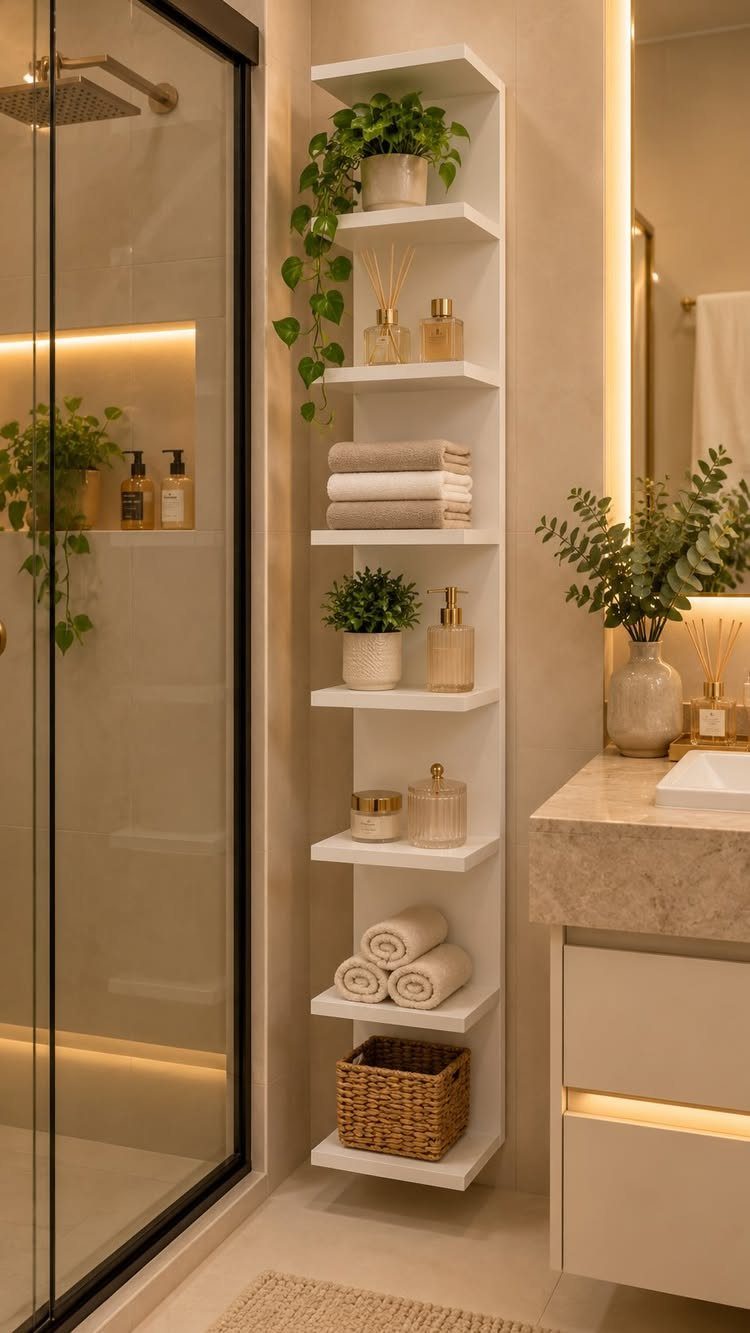 14 Bathroom Small Space Storage Ideas That Actually Fit 7 Tall white floating shelves holding plants, towels, and toiletries in a modern bathroom setting.