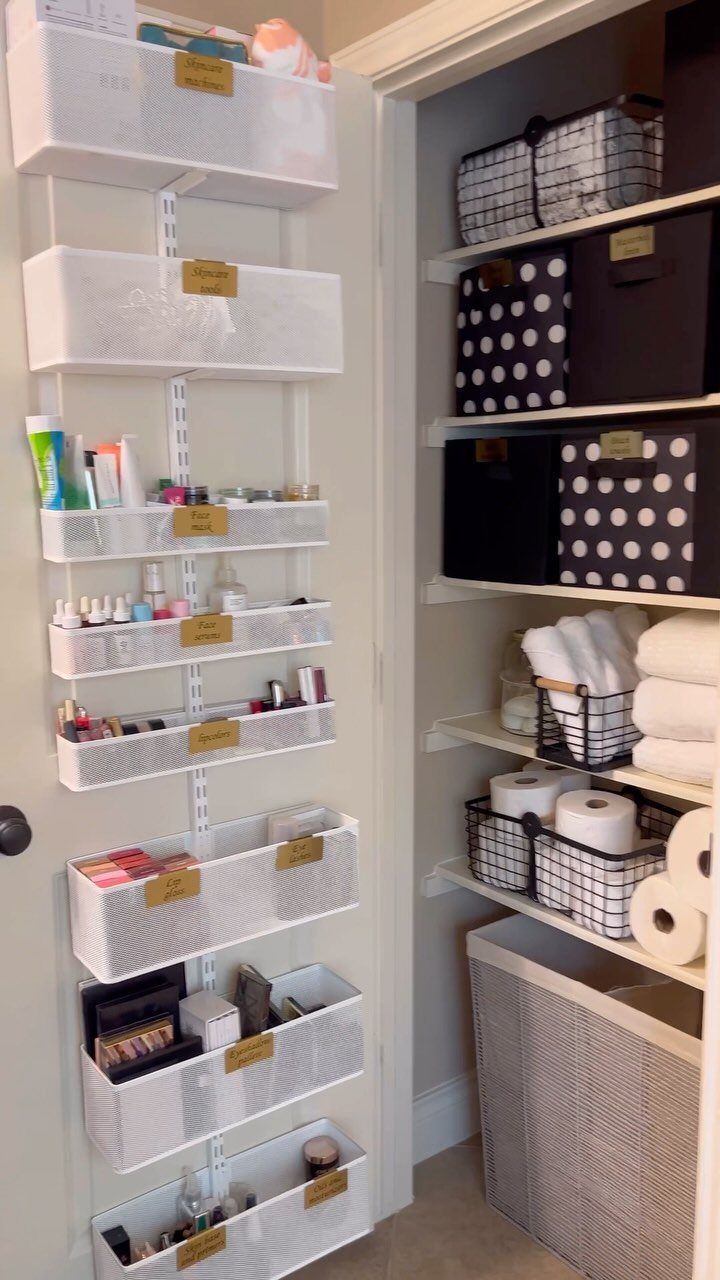 14 Bathroom Small Space Storage Ideas That Actually Fit 6 White wire organizers and polka-dot bins provide storage solutions in a small bathroom closet space.
