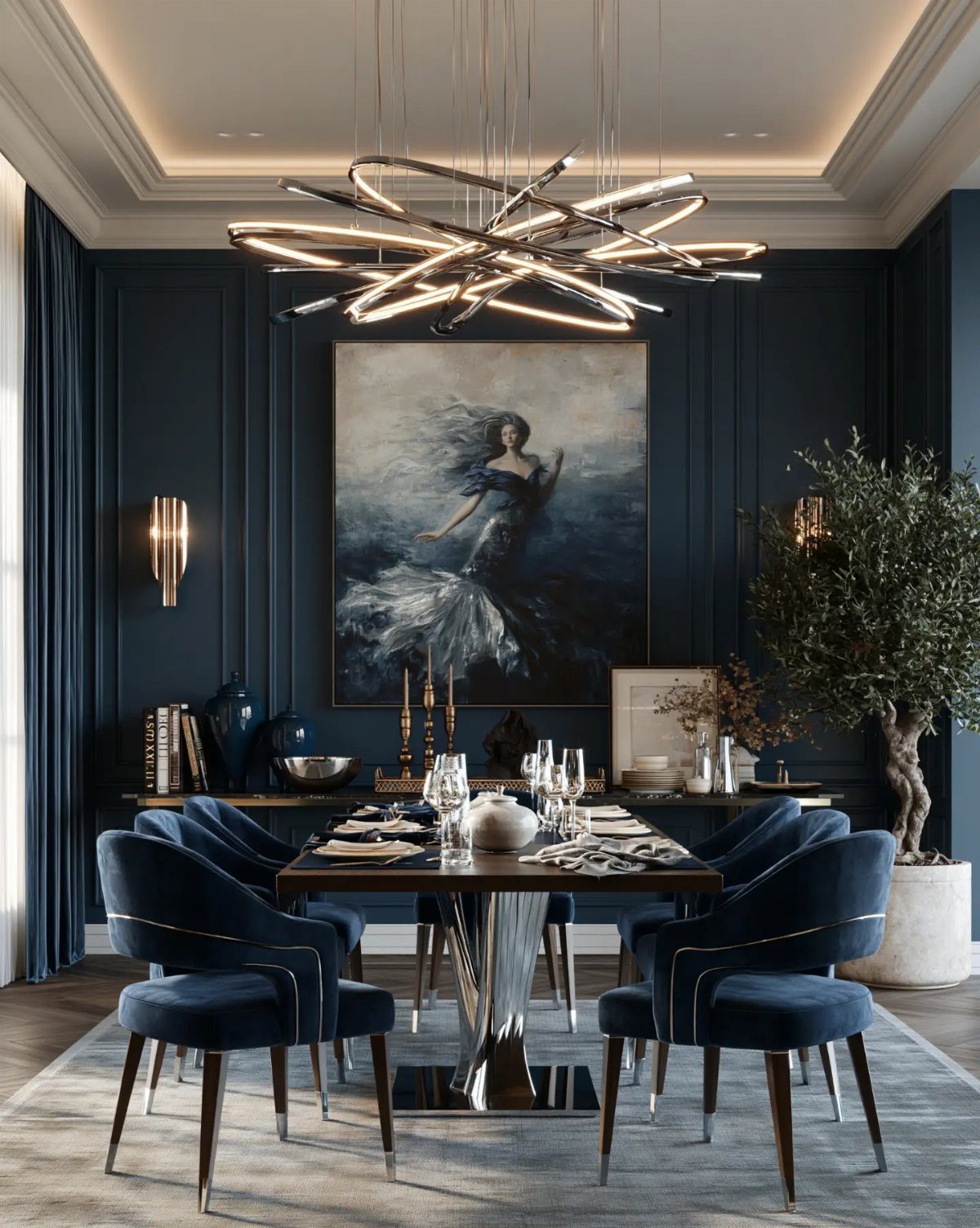 A dark dining room with deep navy blue paneled walls and a modern chandelier.