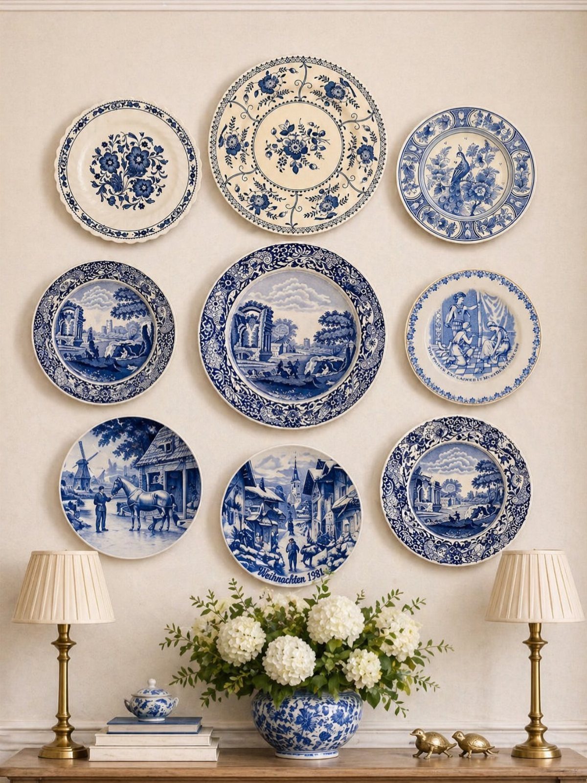 Blue and white patterned ceramic plates arranged as a decorative wall display above a console table.