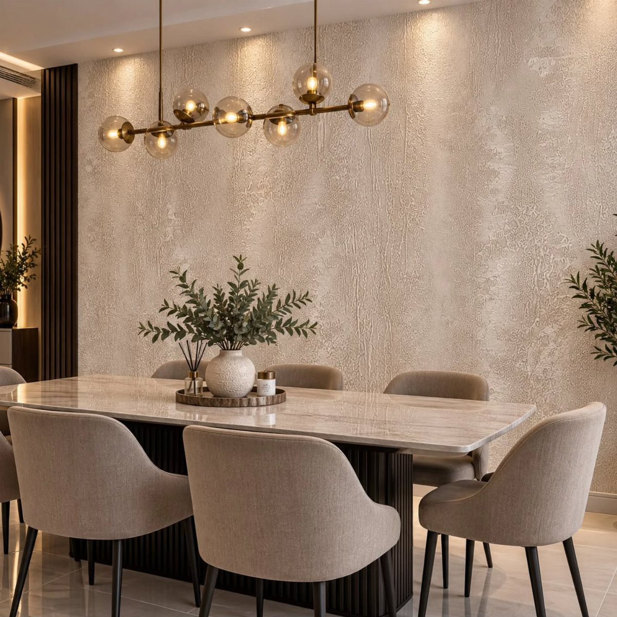 Beige textured wallpaper on a dining room accent wall behind a marble table and chairs.