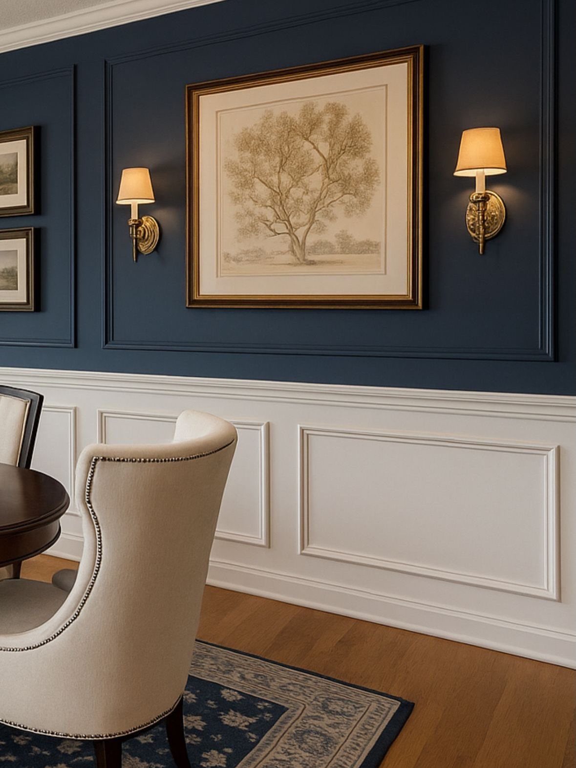 White wainscoting panels below a deep navy blue wall with framed art and gold sconces.