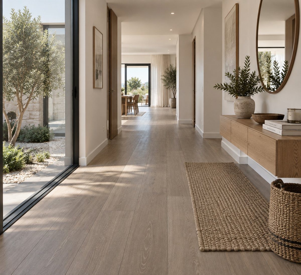 Light grey wood flooring extends through a bright, modern hallway towards a sunlit garden view.