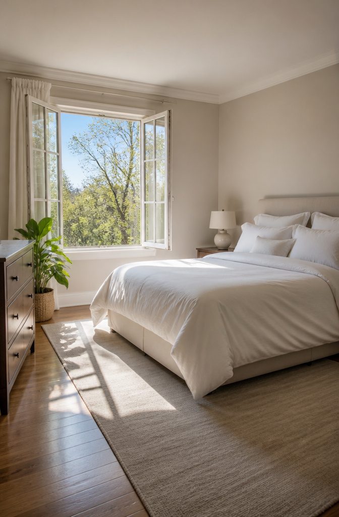 A serene, clean bedroom emphasizing a restful atmosphere.