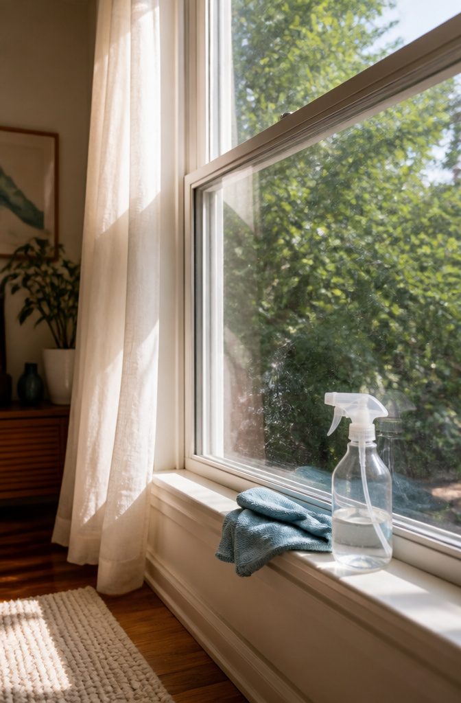 A window with a partially open curtain and cleaning supplies nearby.