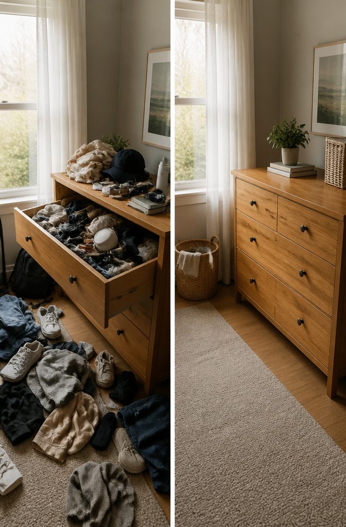 A nightstand and drawer filled with assorted items before decluttering.