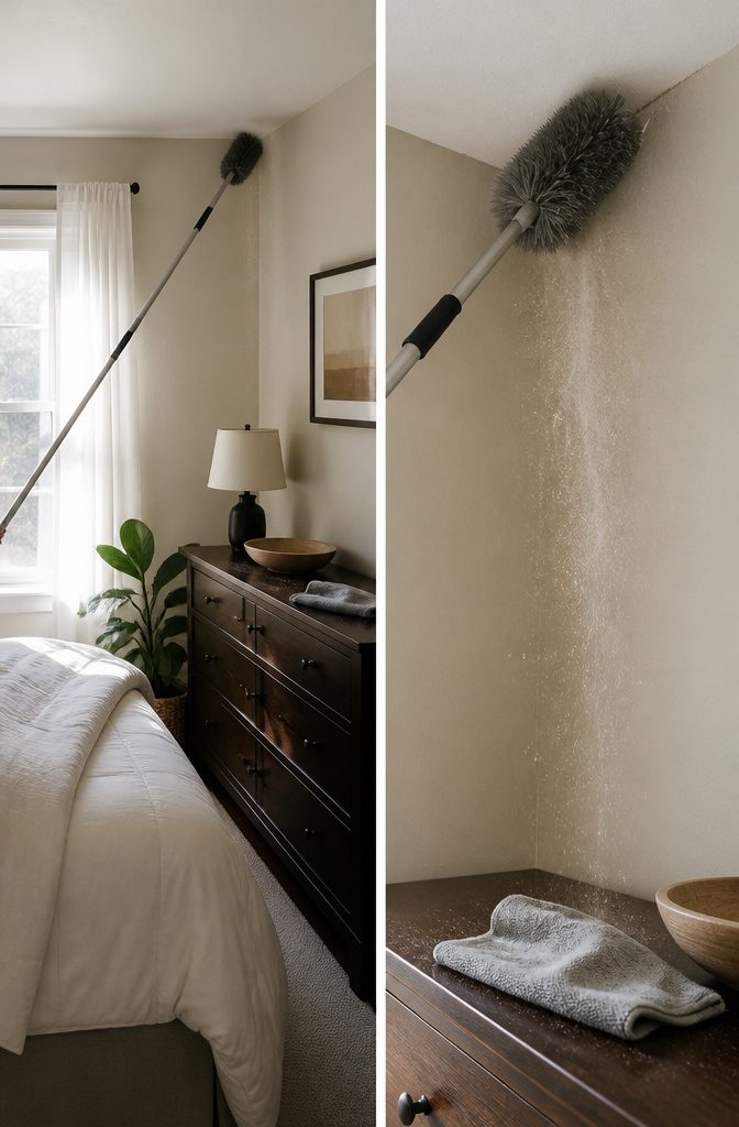 Ceiling corners with cobwebs and dust needing a duster.