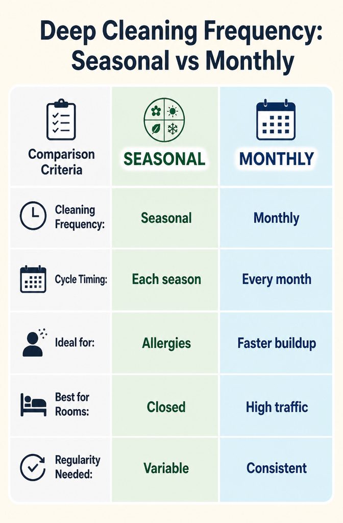 A chart illustrating deep cleaning frequency for bedrooms.