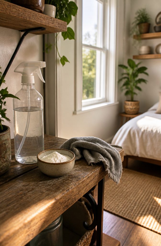 A bottle of vinegar and a bowl of baking soda on a shelf.