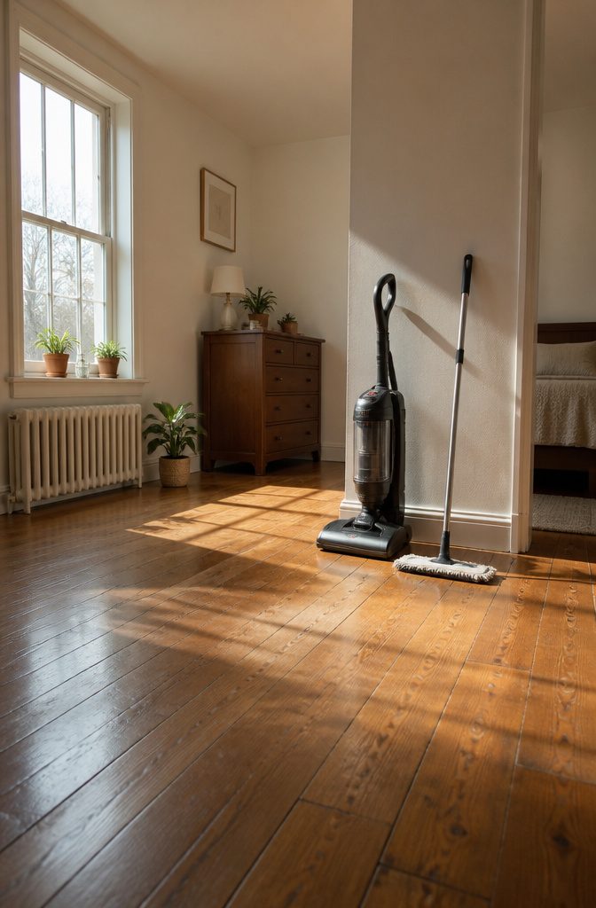 A vacuum cleaner positioned to clean under the bed.