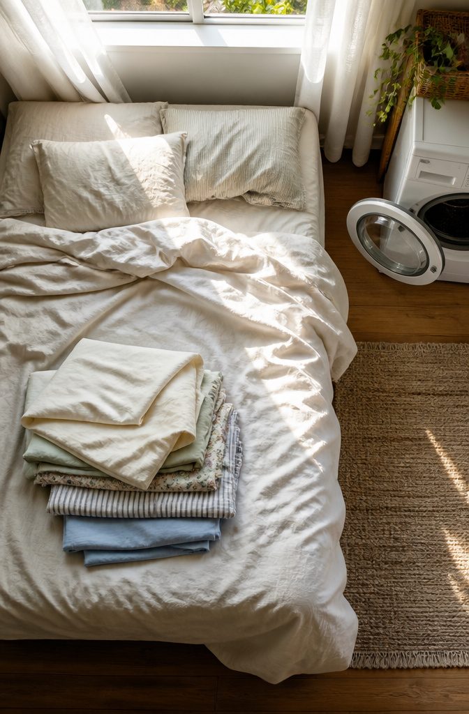A stripped bed and curtains ready for washing.