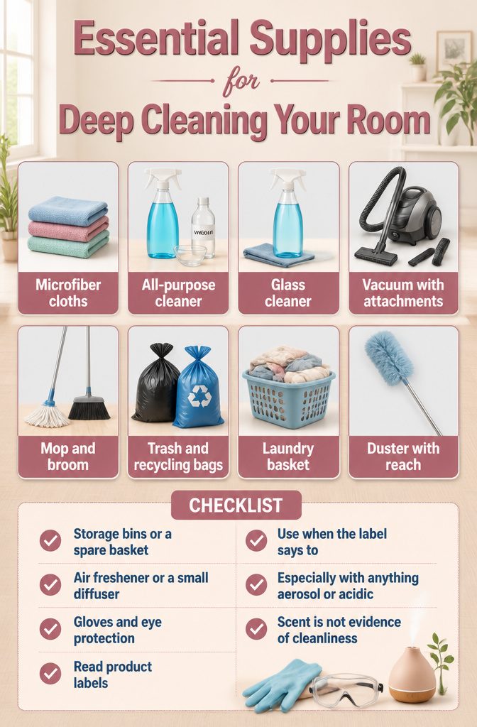 A collection of cleaning supplies arranged on a surface.