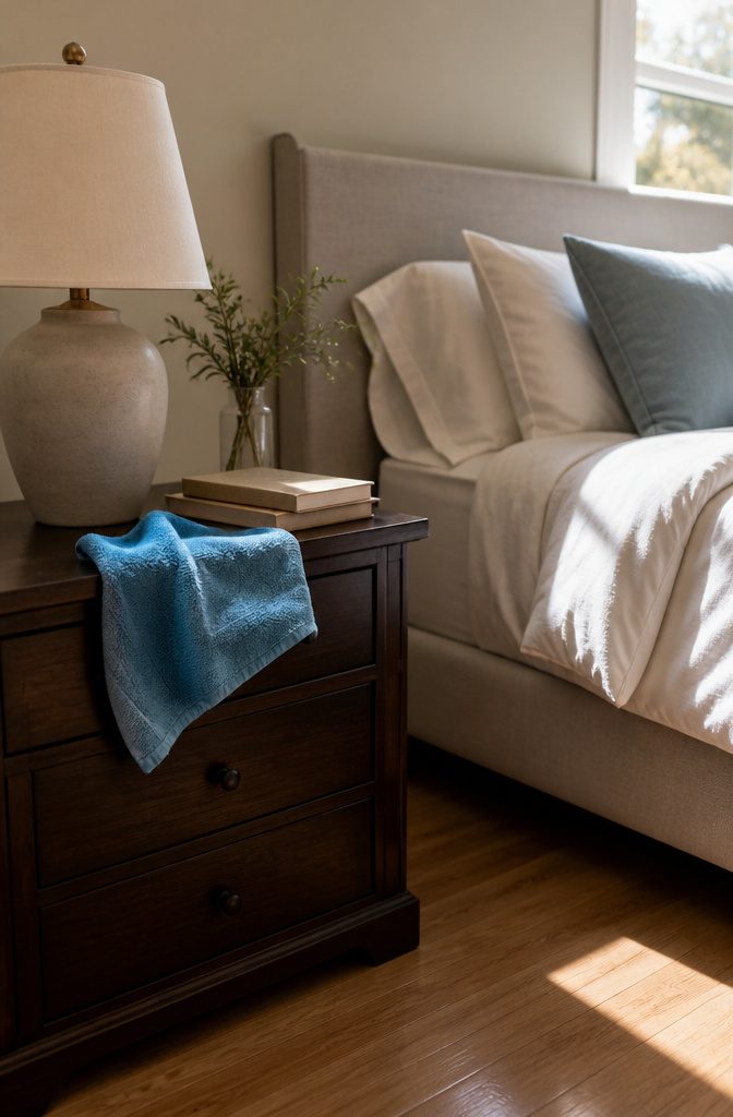 A clean nightstand with a lamp and decorative book on it.