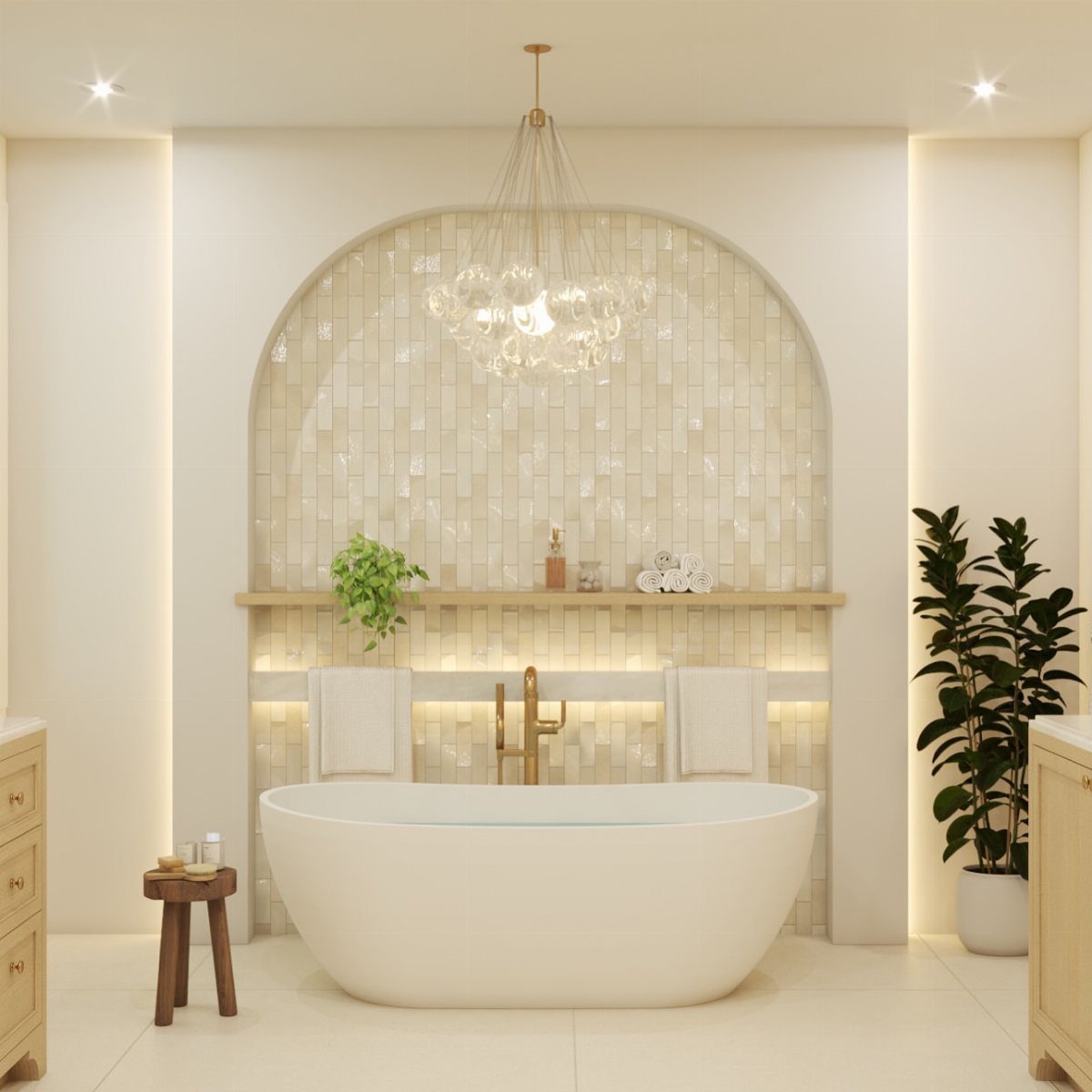 White freestanding bathtub positioned in front of a tiled arched accent wall in a bright bathroom.
