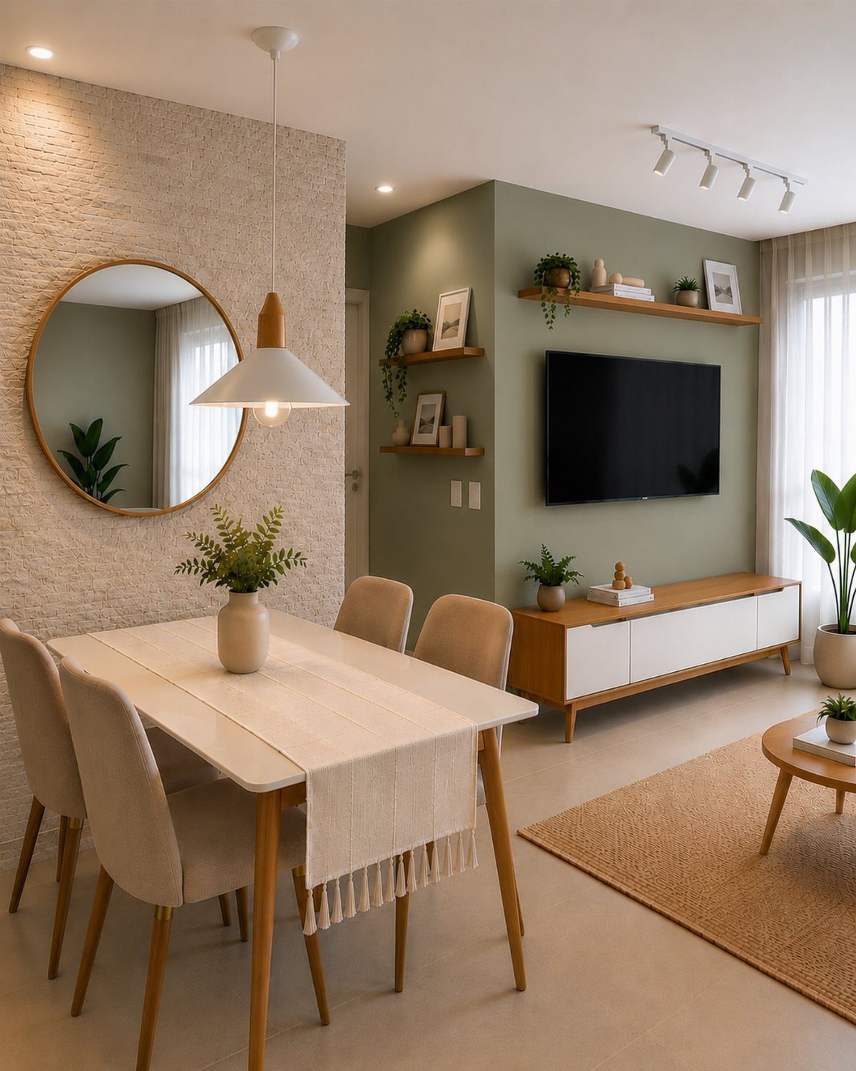 A dining room with a textured beige wall and a sage green accent wall.