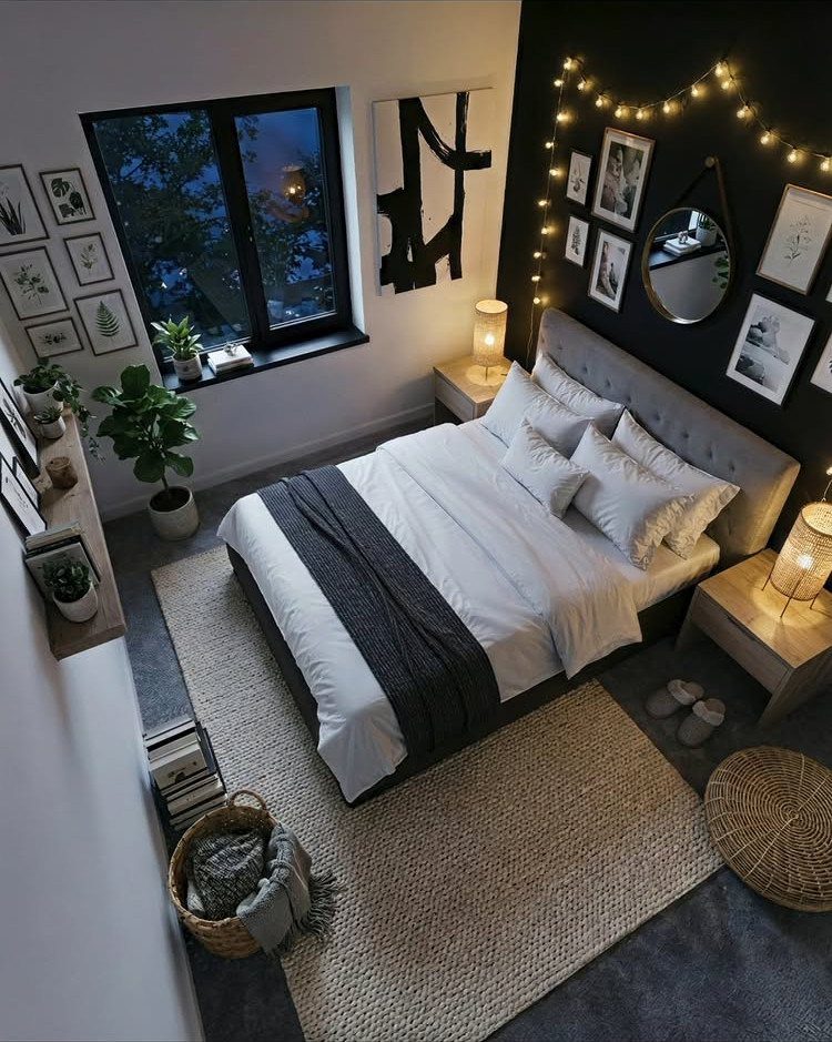 9 Interior Accent Wall Ideas with Photos 4 A bedroom with a white bed and a matte black accent wall decorated with lights.