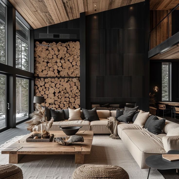 9 Interior Accent Wall Ideas with Photos 9 Stacked natural wood logs form a large accent wall in a modern living room.