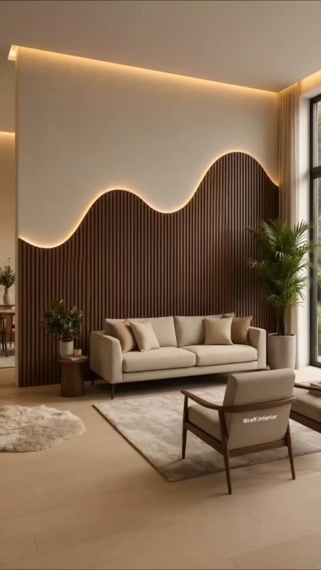 9 Interior Accent Wall Ideas with Photos 3 Vertical dark wood slats forming a wavy pattern on a modern living room accent wall.