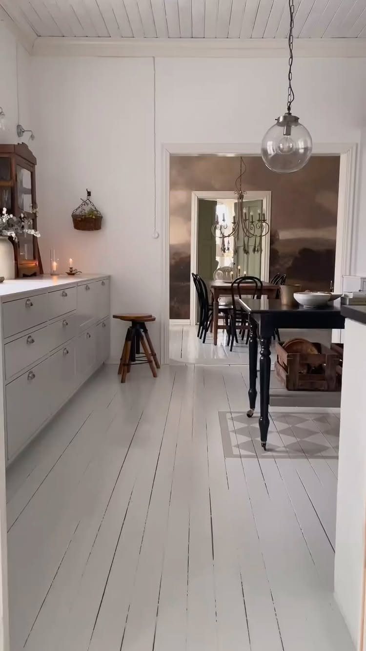 11 Kitchen Flooring Trends for 2026 That Actually Hold Up 7 White painted wooden plank flooring in a bright, modern kitchen setting with minimalist furniture.