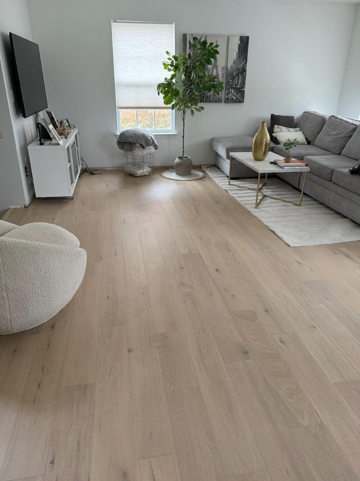 Light oak colored flooring in a modern living room with grey furniture and natural light.