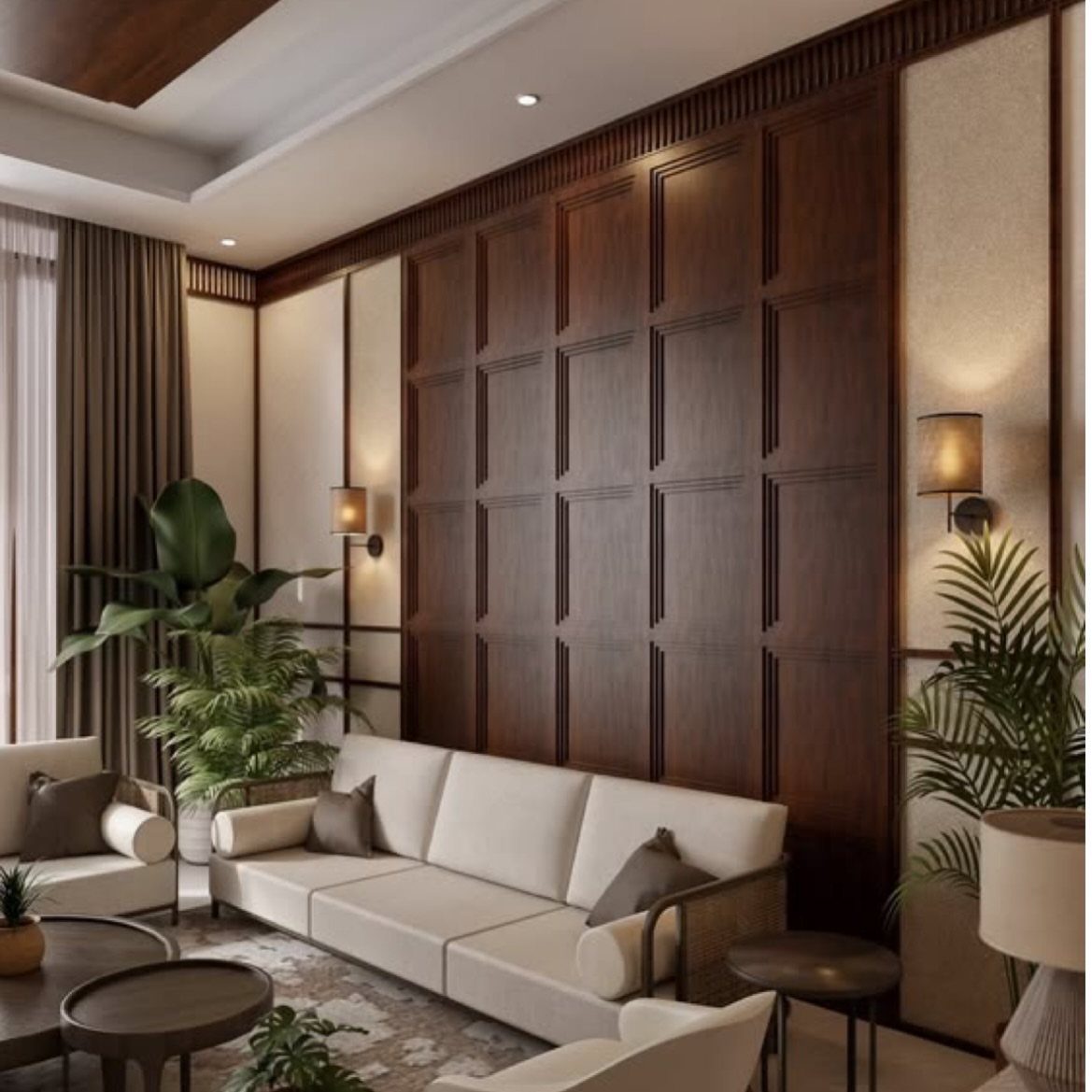 Dark wood geometric wall paneling in a modern living room with a cream sofa and plants.
