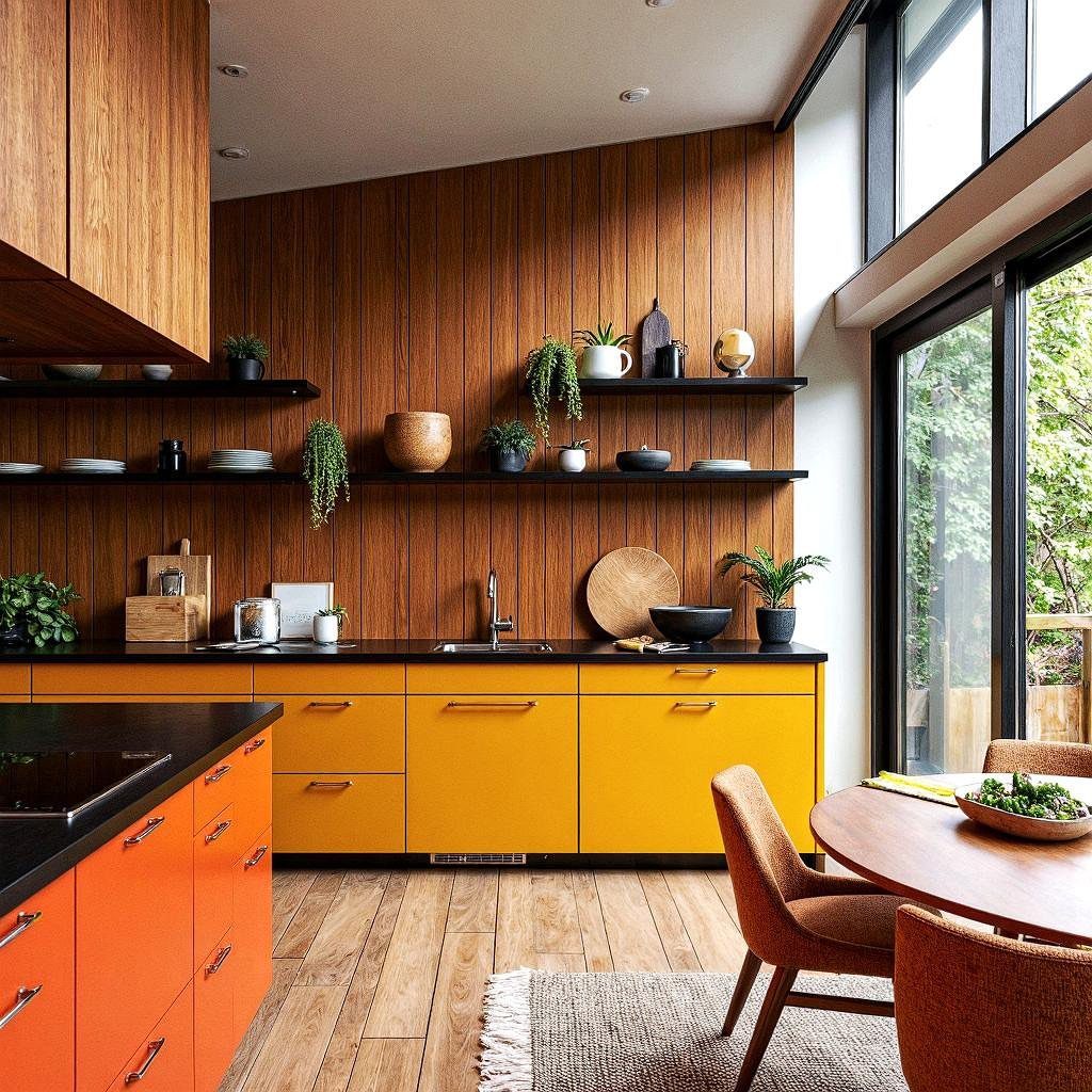 Vertical wood paneling covers the kitchen walls above bright yellow cabinets and black countertops.
