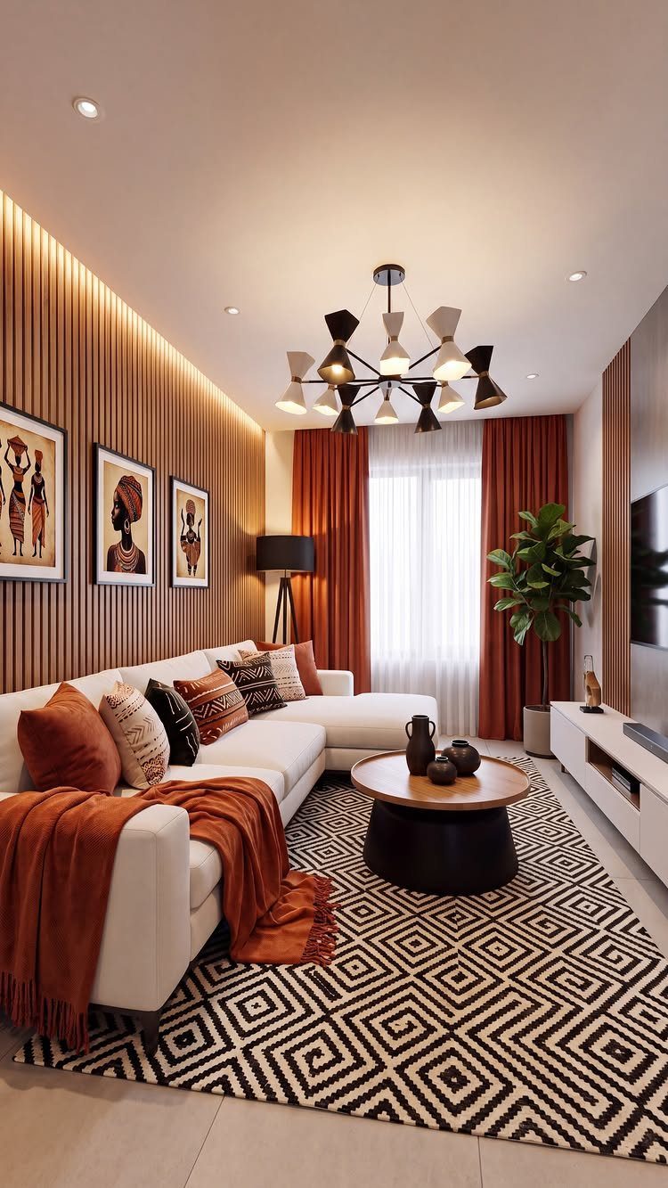 Vertical wood slat accent wall in a modern living room with a white sofa.