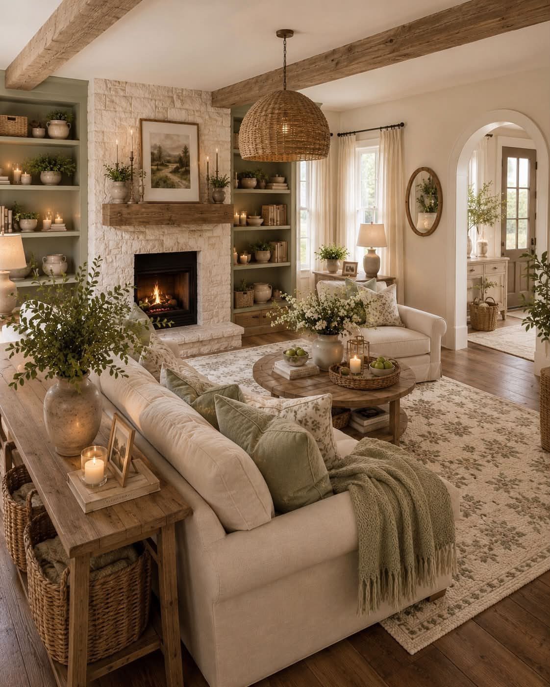 A cozy living room with a stone fireplace, wooden beams, and dark wood flooring.
