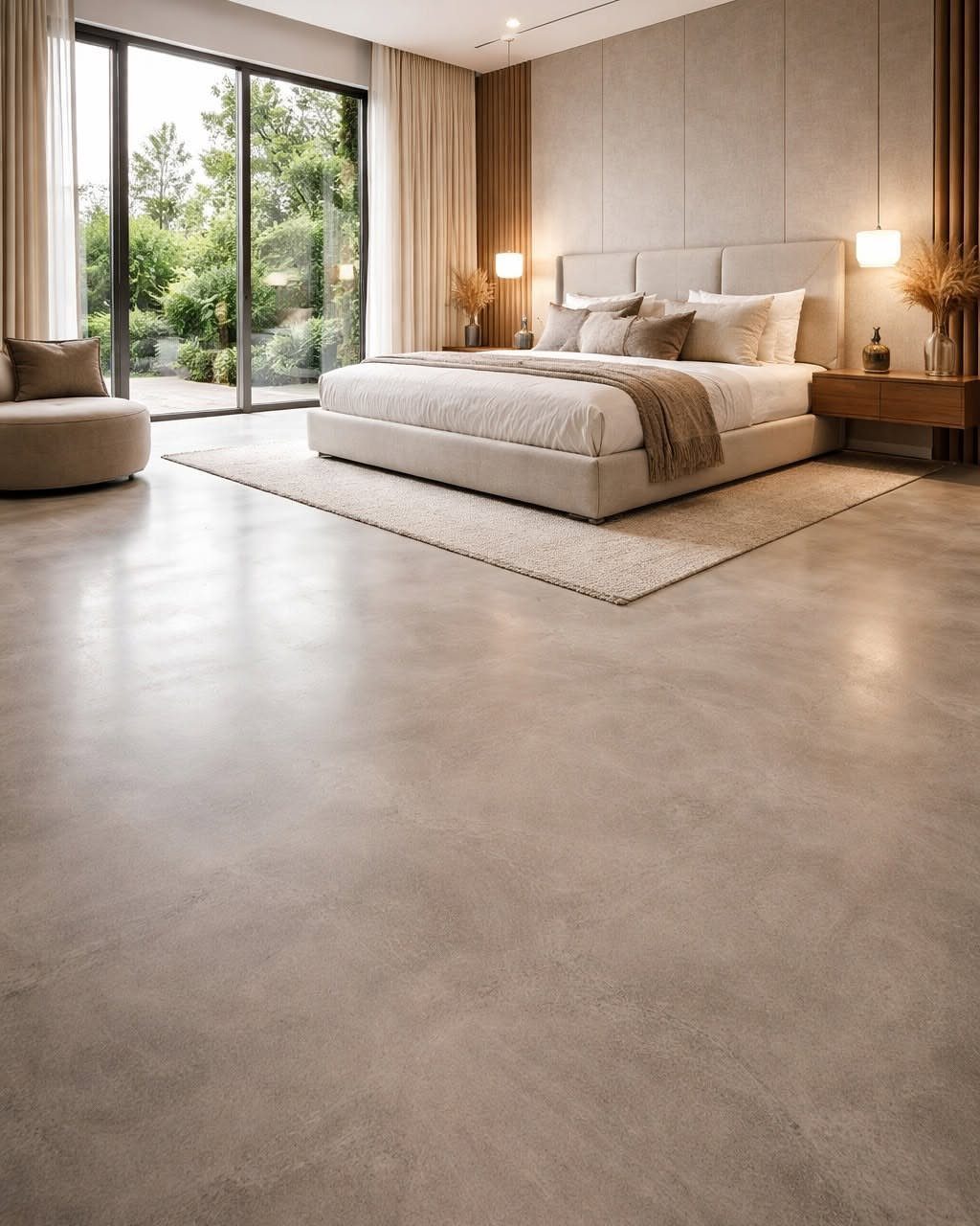Polished light grey concrete flooring in a bright, modern bedroom with large glass doors.