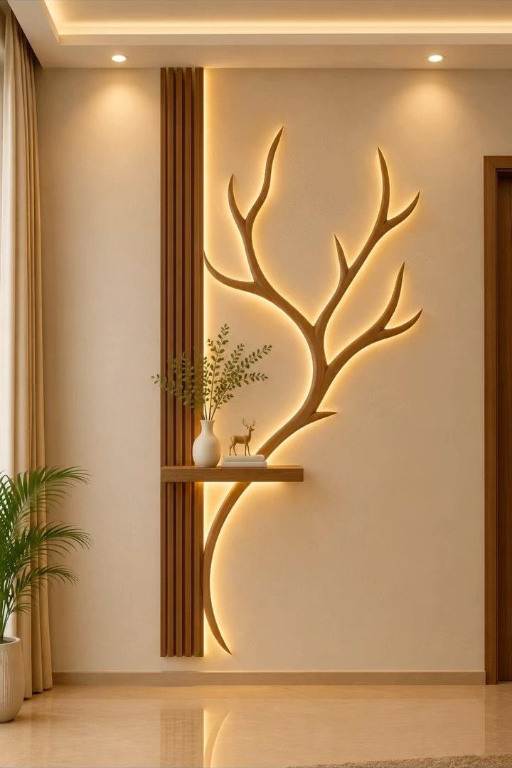 Decorative backlit wood branch design on a cream wall with vertical wood slats and a small shelf.