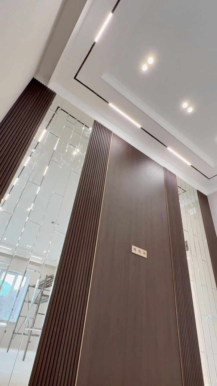 Dark brown wood panel wall with vertical slats and mirrored sections in a modern room.