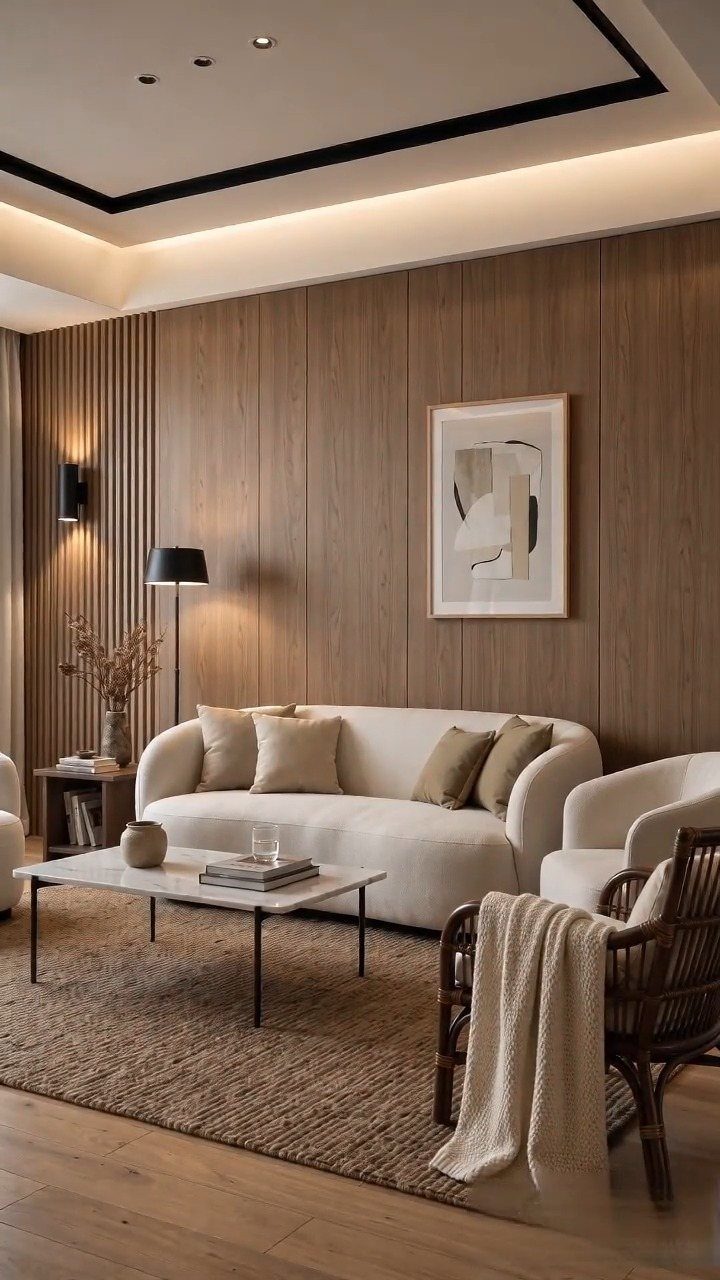 Wood paneled wall behind a white sofa and coffee table in a modern living room.