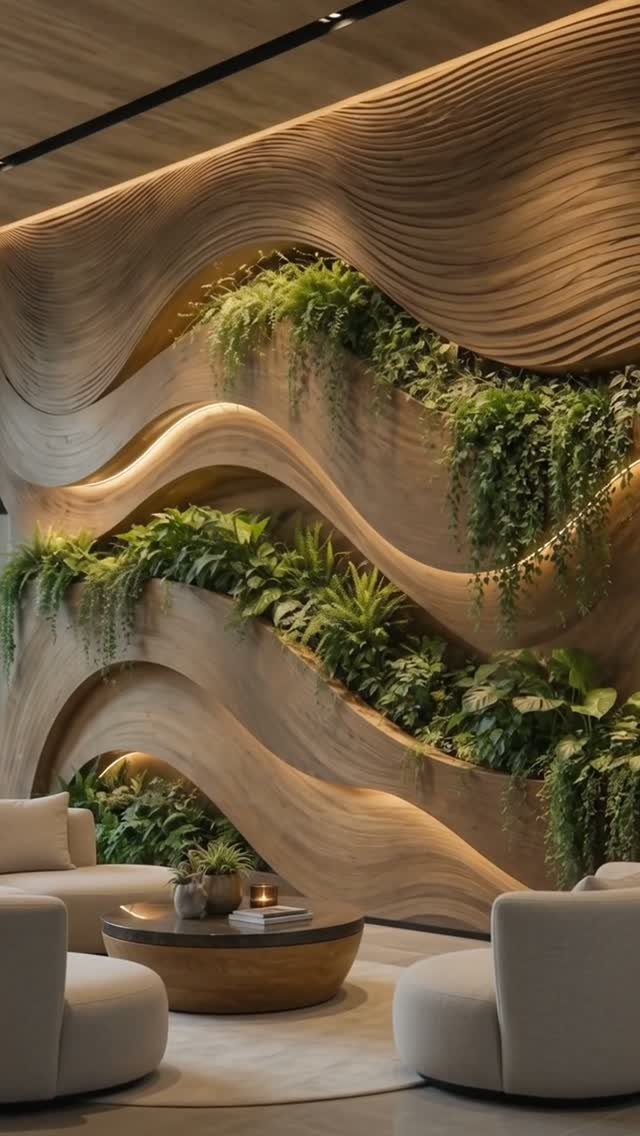 Wavy light wood panel wall with integrated green plants in a modern living room setting.