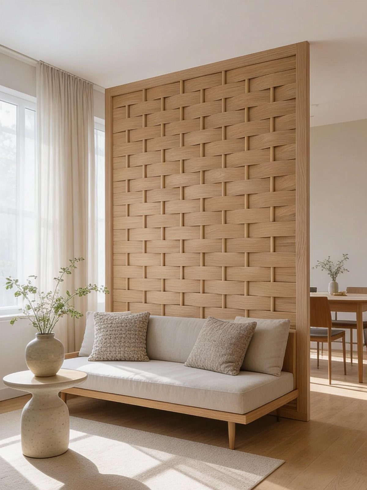A light wood wall featuring a decorative woven basketweave pattern behind a modern beige sofa.