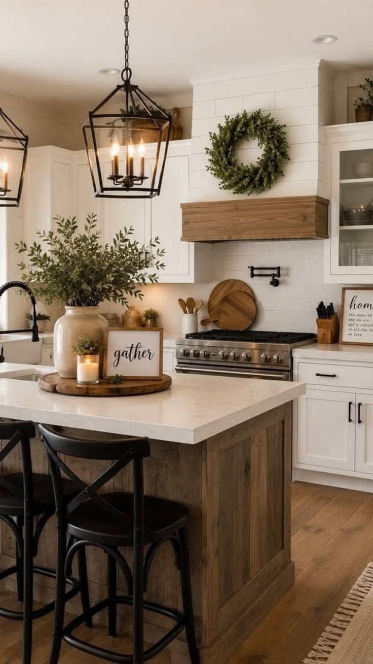 A wooden kitchen island with a white countertop and black stools in a farmhouse kitchen.