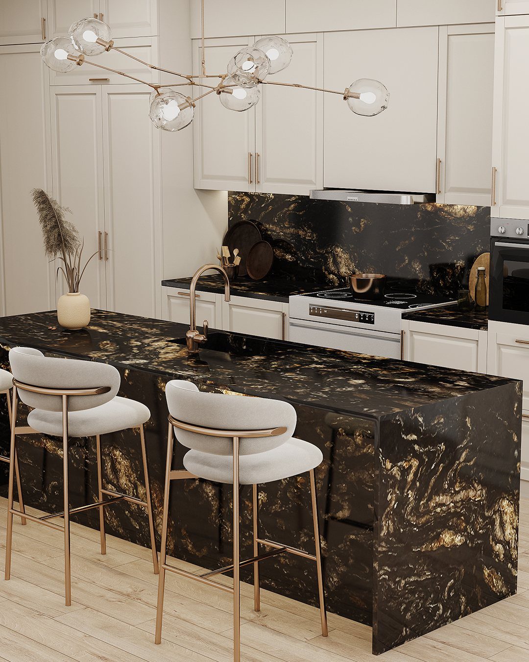 Black granite kitchen island with gold veining and two white modern bar stools.