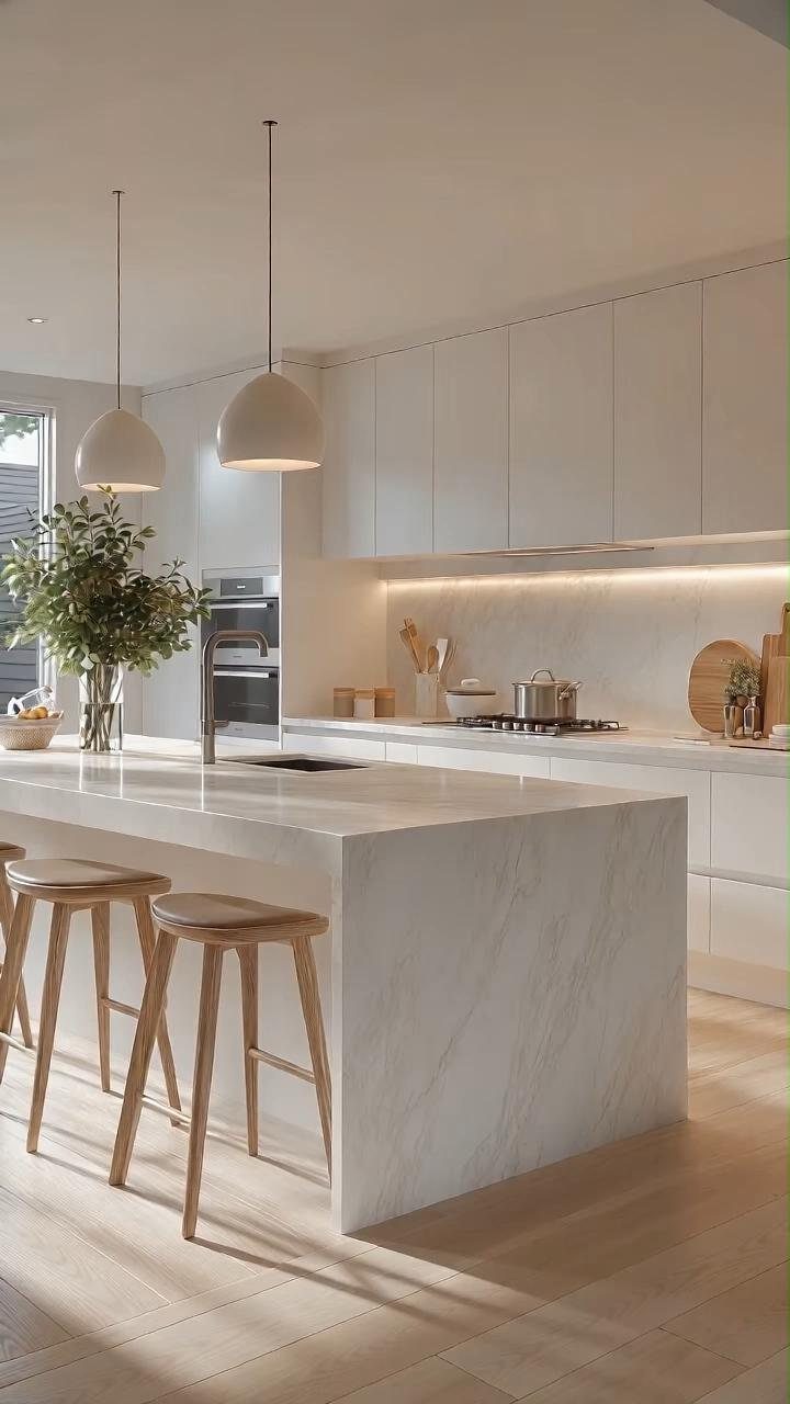 A white marble kitchen island with a waterfall edge and wooden stools in a bright kitchen.