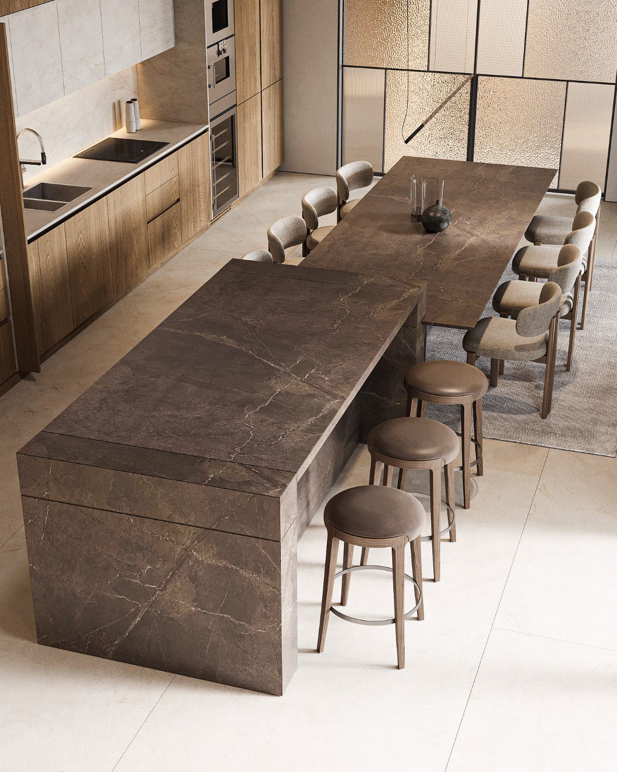 A long dark stone kitchen island with several backless stools arranged along one side.