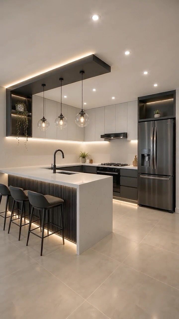 A modern kitchen island with a white marble top and dark wood slatted base with stools.
